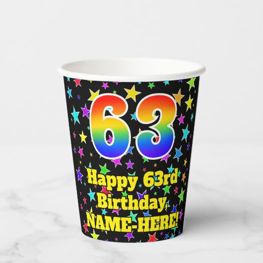 63e verjaardag: Fun Stars Pattern en Rainbow 63 Papieren Bekers (Achterkant)