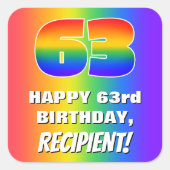 63e verjaardag: kleurrijk, vun regenboogpatroon #  vierkante sticker (Voorkant)