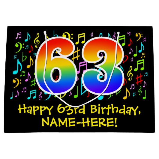 63e verjaardag - Kleurrijke muzieksymbolen, Rainbo Groot Cadeauzakje (Voorkant)