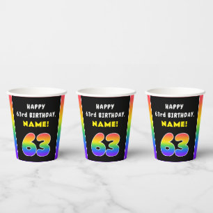 63e verjaardag: kleurrijke regenboog # 63, aangepa papieren bekers