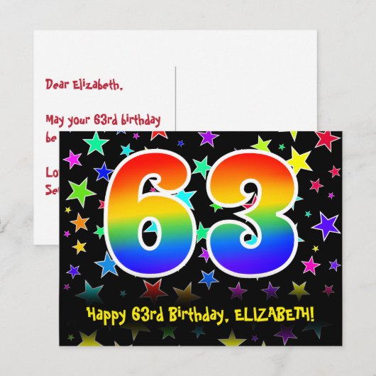 63e verjaardag: leuk sterrenpatroon, regenboog 63, briefkaart (Voorkant / Achterkant)