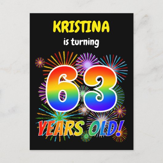 63e verjaardag - Leuk vuurwerk, Regenboog look "63 Briefkaart (Voorkant)