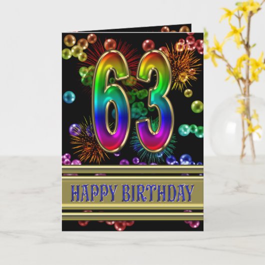 63e verjaardag met regenboogbubbels en vuurwerk kaart (Gele Bloem)