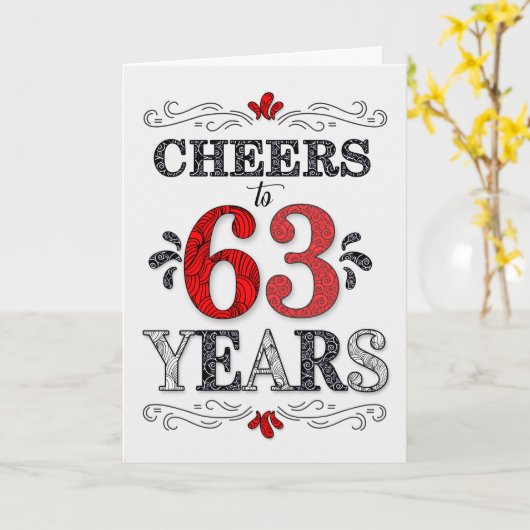 63e verjaardag Proost in rood wit zwart patroon Kaart (Gele Bloem)