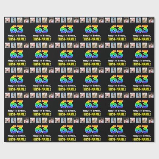 63e verjaardag: Regenboog "63"; Aangepaste foto's  Cadeaupapier (Vlak)