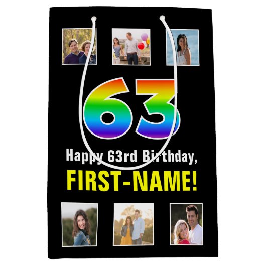 63e verjaardag: Regenboog "63", aangepaste foto's  Medium Cadeauzakje (Voorkant)