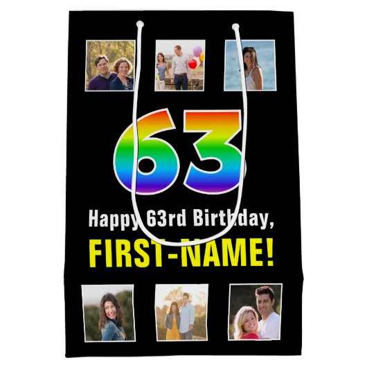 63e verjaardag: Regenboog "63", aangepaste foto's  Medium Cadeauzakje (Achterkant)