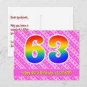 63e verjaardag: roze strips & harten, regenboog 63 briefkaart (Voorkant / Achterkant)