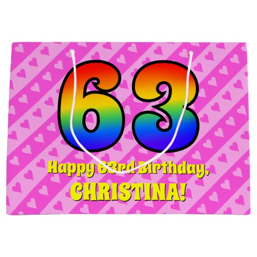 63e verjaardag: roze strips & harten, regenboognr. groot cadeauzakje (Voorkant)