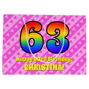 63e verjaardag: roze strips & harten, regenboognr. groot cadeauzakje
