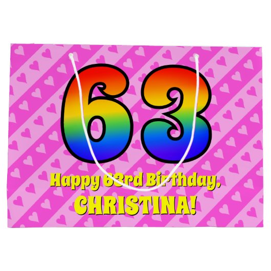 63e verjaardag: roze strips & harten, regenboognr. groot cadeauzakje (Achterkant)