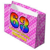 63e verjaardag: roze strips & harten, regenboognr. groot cadeauzakje (Voorkant Gekanteld)