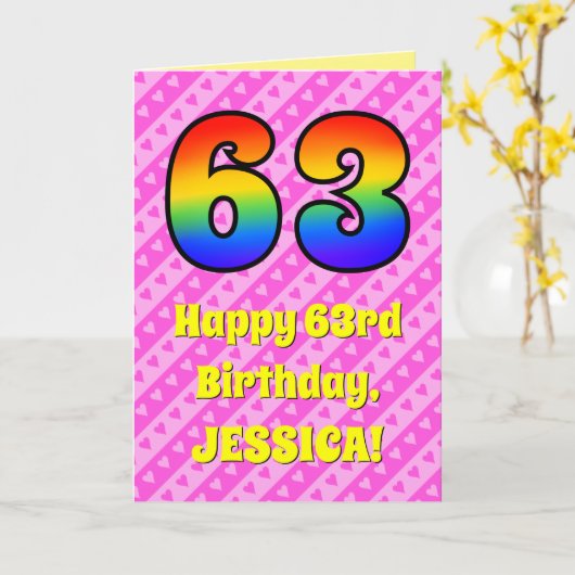 63e verjaardag: roze strips & harten, regenboognr. kaart (Gele Bloem)