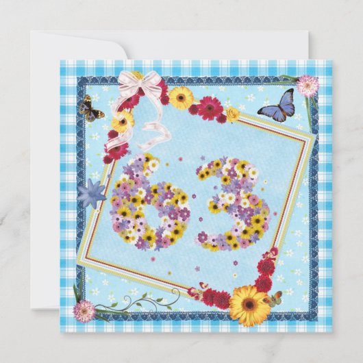 63e verjaardag Uitnodigingsbloemen, vlinders Kaart (Voorkant)