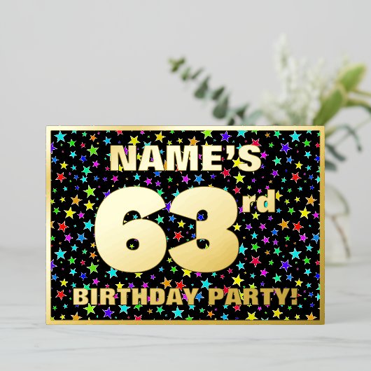 63e verjaardag van de Vreugde - Fun, kleurrijk ste Folie Uitnodiging (Staand Voorkant)