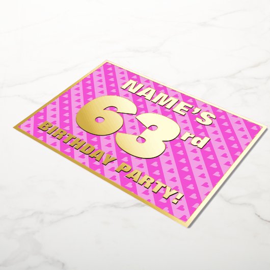 63e verjaardag — vuurroze harten en strips folie uitnodiging (Gedraaid)