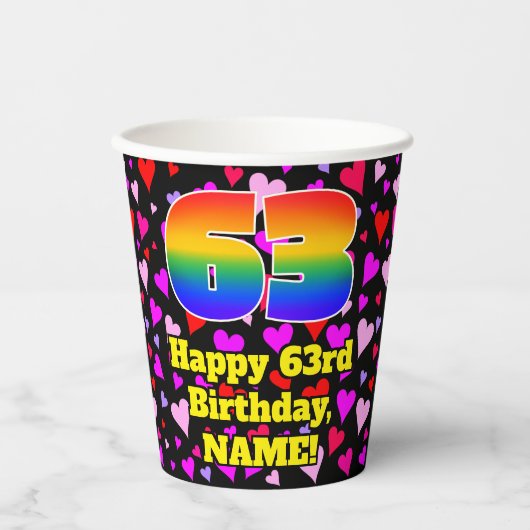 63rd Birthday: Loving Hearts Pattern, Rainbow 63 Papieren Bekers (Voorkant)