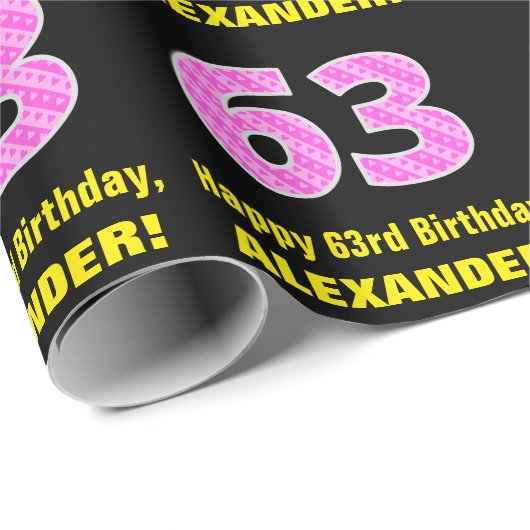 63ste verjaardag: roze strepen en harten "63" + na cadeaupapier (Rol Hoek)