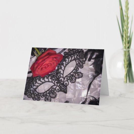6418-Rode Roos met Zwart Maskerade Masker Kaart (Voorkant)