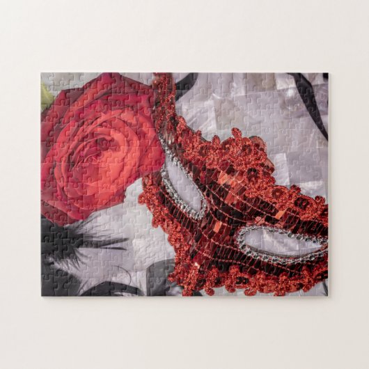 6439-Red Rose met Masquerade Mask Legpuzzel (Horizontaal)