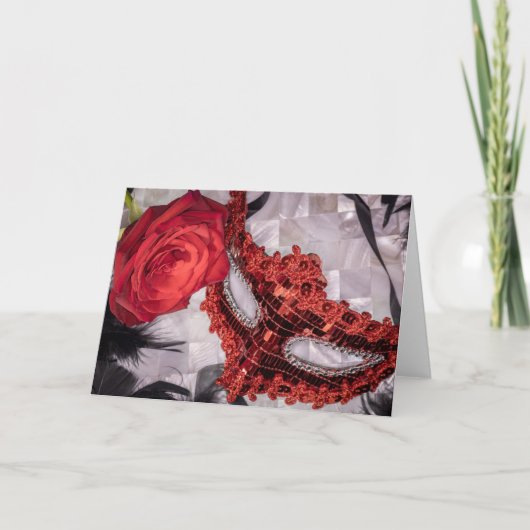 6439-Rode Roos met Rode Masquerade Masker Kaart (Voorkant)