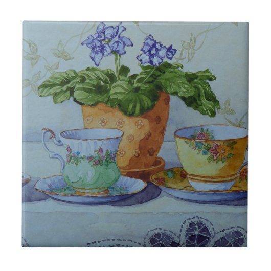6470 Afrikaanse Violet en Teacups Tegeltje (Voorkant)