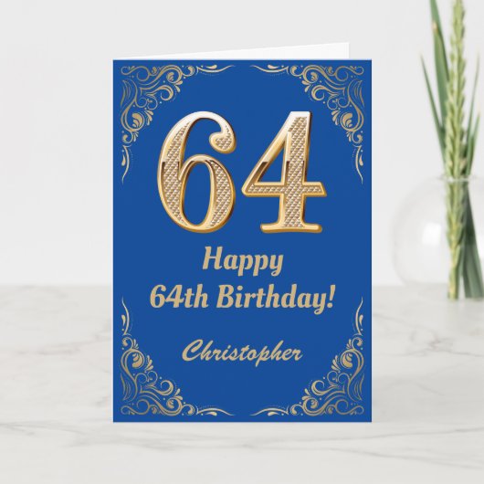 64e Birthday Blue en Gold Glitter Lijst Kaart (Voorkant)