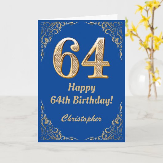 64e Birthday Blue en Gold Glitter Lijst Kaart (Gele Bloem)