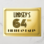 64e geboortedag ~ Art Deco Style "64" + Naam Folie Uitnodiging Briefkaart (Voorkant)