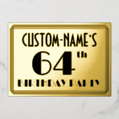 64e verjaardag — Art Deco look "64" + naam Folie Uitnodiging (Voorkant)