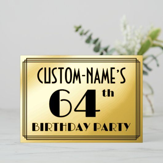 64e verjaardag — Art Deco look "64" + naam Folie Uitnodiging (Staand Voorkant)