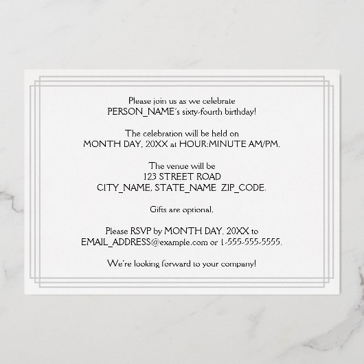 64e verjaardag — Art Deco Style "64" en naam Folie Uitnodiging (Achterkant)