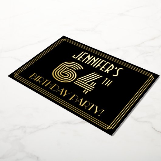 64e verjaardag — Art Deco Style "64" + Naam Folie Uitnodiging (Gedraaid)