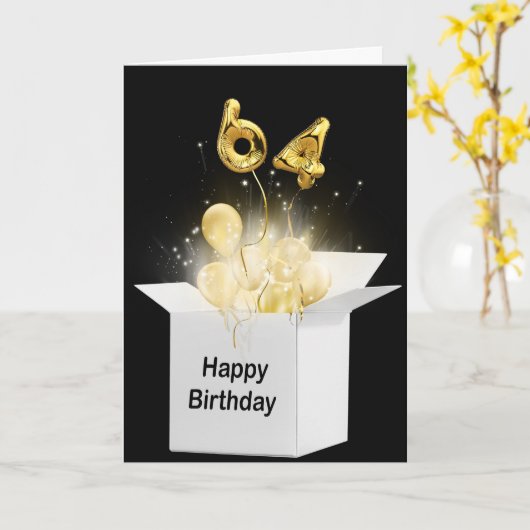 64e verjaardag ballonnen in witte doos kaart (Gele Bloem)