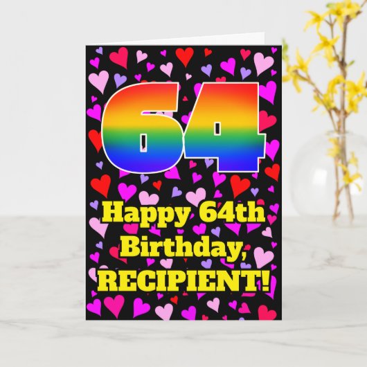 64e verjaardag: Beeldende hartenpatronen, regenboo Kaart (Gele Bloem)