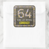 64e verjaardag: Bloemgetal, Faux Wood Look, Naam Vierkante Sticker (Tas)