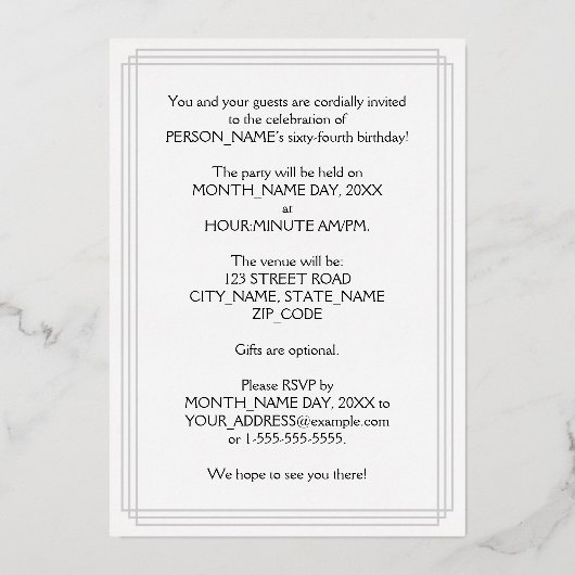 64e verjaardag — Fancy script en aangepaste naam Folie Uitnodiging (Achterkant)