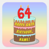 64e verjaardag: Fun Cake and Candles + Custom Name Vierkante Sticker (Voorkant)