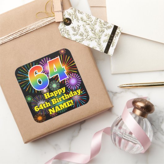 64e verjaardag: Fun Fireworks Kijk, regenboog # 64 Vierkante Sticker (Geschenken)