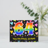 64e verjaardag: Fun Hearts-patroon, Regenboog 64 Briefkaart (Staand voorkant)