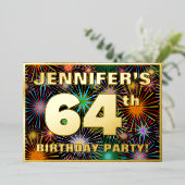64e verjaardag — Fun, kleurrijke Fireworks look Folie Uitnodiging (Staand Voorkant)