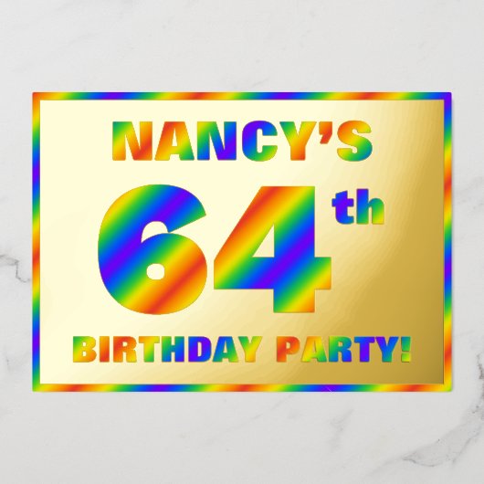 64e verjaardag - Fun, regenboogspectrum "64" Folie Uitnodiging (Voorkant)
