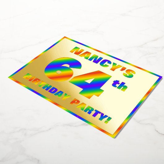 64e verjaardag - Fun, regenboogspectrum "64" Folie Uitnodiging (Gedraaid)