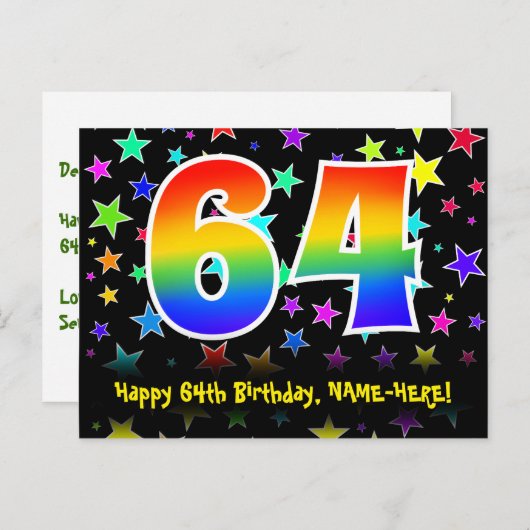 64e Verjaardag: Fun Stars Patroon, Regenboog 64, N Briefkaart (Voorkant / Achterkant)