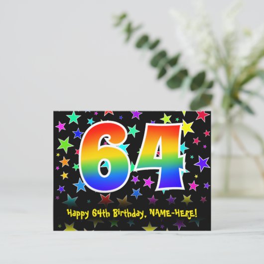 64e Verjaardag: Fun Stars Patroon, Regenboog 64, N Briefkaart (Staand voorkant)