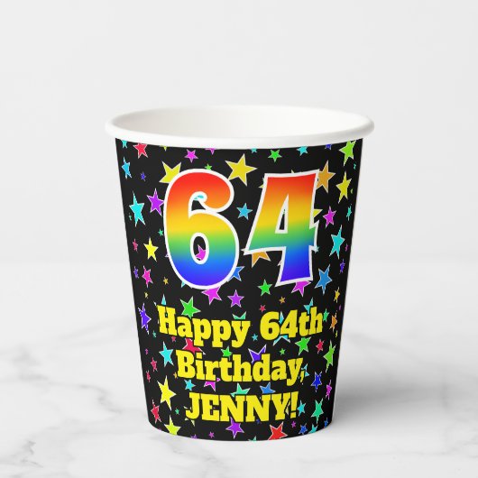 64e verjaardag: Fun Stars Pattern en Rainbow 64 Papieren Bekers (Achterkant)