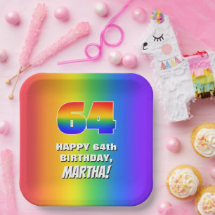 64e verjaardag: kleurrijk, vun regenboogpatroon # papieren bordje