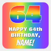 64e verjaardag: kleurrijk, vun regenboogpatroon #  vierkante sticker (Voorkant)