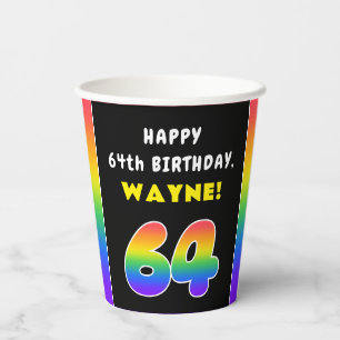 64e verjaardag: kleurrijke regenboog # 64, aangepa papieren bekers