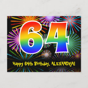 64e verjaardag – leuk vuurwerkpatroon + regenboog  briefkaart